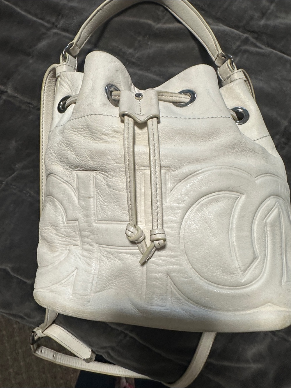 Jimmy Choo Cream Leather Drawstring Bucket Backpack - Picture 3 of 6